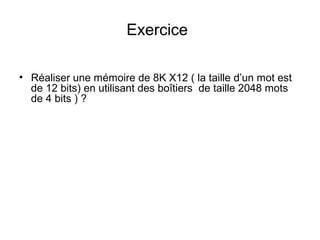 34
Exercice
• Réaliser une mémoire de 8K X12 ( la taille d’un mot est
de 12 bits) en utilisant des boîtiers de taille 2048 mots
de 4 bits ) ?
 