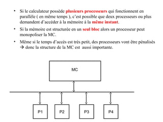 37
• Si le calculateur possède plusieurs processeurs qui fonctionnent en
parallèle ( en même temps ), c’est possible que deux processeurs ou plus
demandent d’accéder à la mémoire à la même instant.
• Si la mémoire est structurée en un seul bloc alors un processeur peut
monopoliser la MC.
• Même si le temps d’accès est très petit, des processeurs vont être pénalisés
 donc la structure de la MC est aussi importante.
P1 P2 P3 P4
MC
 