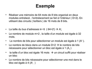 50
Exemple
• Réaliser une mémoire de 64 mots de 8 bits organisé en deux
modules entrelacé , l’entrelacement se fait à l’intérieur ( D=2). En
utilisant des circuits ( boîtiers ) de 16 mots de 8 bits.
• La taille du bus d’adresses k= 6 ( 64=26
)  A5
0
• Le nombre de module m=2 , la taille d’un module est égale à 32
mots.
• Le nombre de bits pour sélectionner un module est égale à 1 (A5
).
• Le nombre de blocs dans un module D=2  le nombre de bits
nécessaire pour sélectionner un bloc est égale à 1 (A0 )
• la taille d’un bloc est égale 16 mots  un circuit suffit pour réaliser
un bloc
• Le nombre de bits nécessaire pour sélectionner une mot dans le
bloc est égale à 4 (A4
1 )
 
