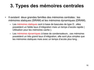 16
3. Types des mémoires centrales
• Il existent deux grandes familles des mémoires centrales : les
mémoires statiques (SRAM) et les mémoires dynamiques (DRAM).
– Les mémoires statiques sont à base de bascules de type D , elles
possèdent un faible taux d’intégration mais un temps d’accès rapide (
Utilisation pour les mémoires cache ).
– Les mémoires dynamiques à base de condensateurs , ces mémoires
possèdent un très grand taux d’intégration, elle sont plus simples que
les mémoires statiques mais avec un temps d’accès plus long .
 