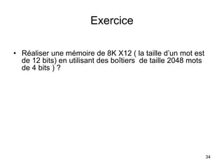 34
Exercice
• Réaliser une mémoire de 8K X12 ( la taille d’un mot est
de 12 bits) en utilisant des boîtiers de taille 2048 mots
de 4 bits ) ?
 