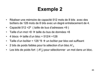 46
Exemple 2
• Réaliser une mémoire de capacité 512 mots de 8 bits avec des
boîtiers de 128 mots de 8 bits avec un degré entrelacement de 4.
• Capacité 512 =29 ( taille de bus d’adresses =9 )
• Taille d’un mot =8  taille du bus de données =8
• 4 blocs  taille d’un bloc = 512/4 =128
• Taille d’un boîtier = 128 *8  un boîtier par bloc est suffisant
• 2 bits de poids faibles pour la sélection d’un bloc A1
0
• Les bits de poids fort ( A8
2) pour sélectionner un mot dans un bloc.
 