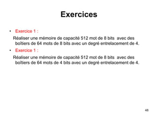48
Exercices
• Exercice 1 :
Réaliser une mémoire de capacité 512 mot de 8 bits avec des
boîtiers de 64 mots de 8 bits avec un degré entrelacement de 4.
• Exercice 1 :
Réaliser une mémoire de capacité 512 mot de 8 bits avec des
boîtiers de 64 mots de 4 bits avec un degré entrelacement de 4.
 