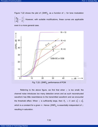 Principles of Communication

Prof. V. Venkata Rao

Figure 7.22 shows the plot of ( SNR )0 as a function of γ for tone modulation

⎛P
1⎞
⎜ M = ⎟ . However, with suitable modifications, these curves are applicable
2
⎜ mp
2⎟
⎝
⎠
even in a more general case.

Fig. 7.22: ( SNR )0 performance of PCM
Referring to the above figure, we find that when γ is too small, the
channel noise introduces too many detection errors and as such reconstructed
waveform has little resemblance to the transmitted waveform and we encounter
2
2
the threshold effect. When γ is sufficiently large, then Pe → 0 and σe ≈ σQ

which is a constant for a given n . Hence ( SNR )0 is essentially independent of γ
resulting in saturation.

7.53
Indian Institute of Technology Madras

 