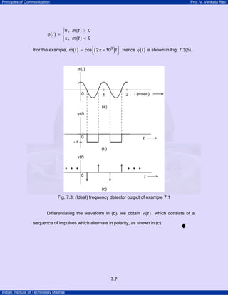 Principles of Communication

Prof. V. Venkata Rao

⎧0 , m ( t ) > 0
⎪
ϕ (t ) = ⎨
⎪π , m ( t ) < 0
⎩

(

)

For the example, m ( t ) = cos ⎡ 2 π × 103 t ⎤ . Hence ϕ ( t ) is shown in Fig. 7.3(b).
⎣
⎦

Fig. 7.3: (Ideal) frequency detector output of example 7.1
Differentiating the waveform in (b), we obtain v ( t ) , which consists of a
sequence of impulses which alternate in polarity, as shown in (c).

7.7
Indian Institute of Technology Madras

 