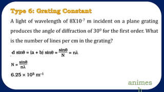 A light of wavelength of 8X10-7 m incident on a plane grating
produces the angle of diffraction of 300 for the first order. What
is the number of lines per cm in the grating?
 