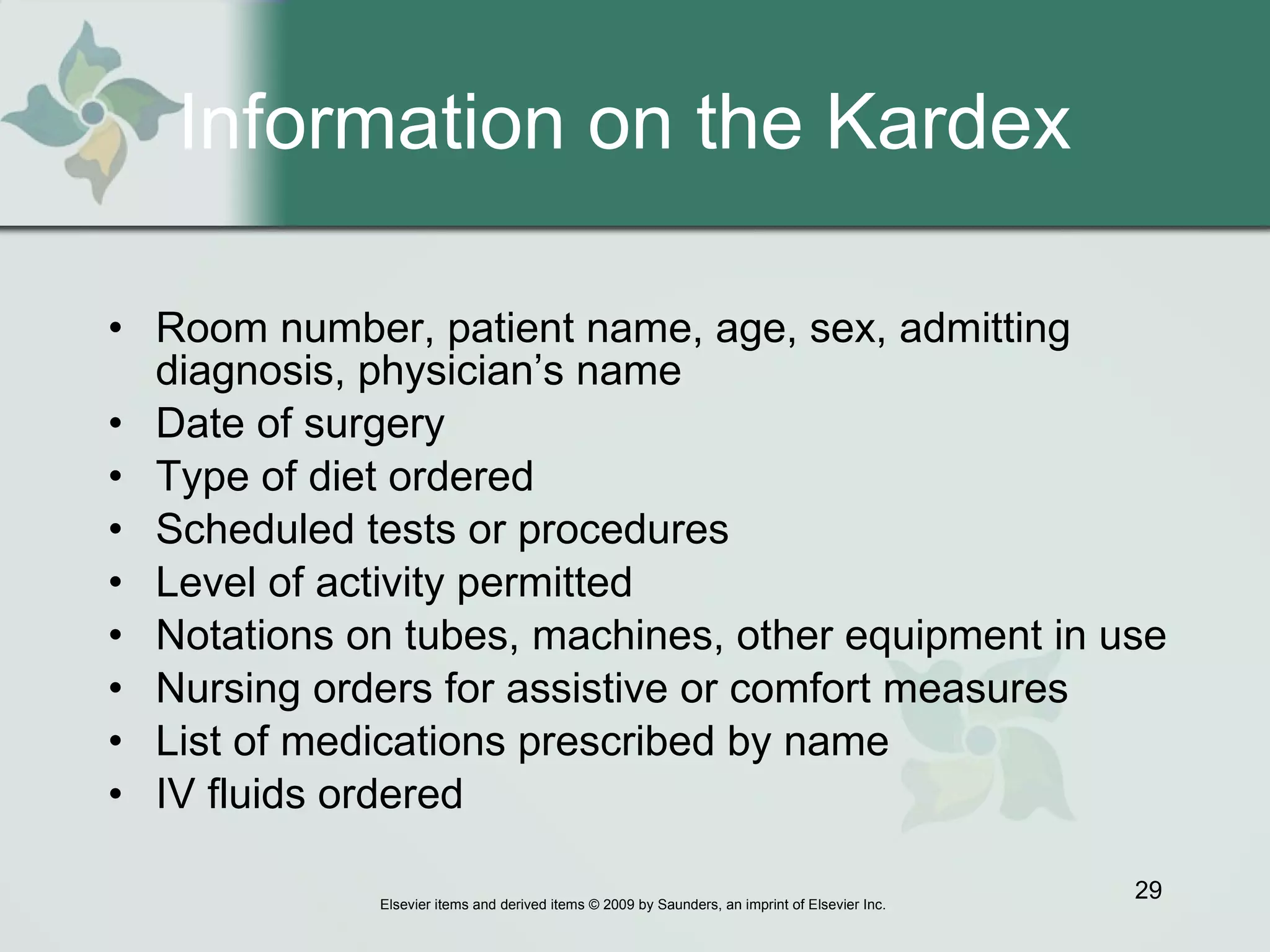 Information on the Kardex  Room number, patient name, age, sex, admitting diagnosis, physician’s name Date of surgery Type of diet ordered Scheduled tests or procedures Level of activity permitted Notations on tubes, machines, other equipment in use Nursing orders for assistive or comfort measures List of medications prescribed by name IV fluids ordered 