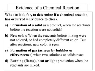 Evidence of a Chemical Reaction
What to look for, to determine if a chemical reaction
has occurred = Evidence to check
a) Formation of a solid as a product, when the reactants
before the reaction were not solids!
b) New color: When the reactants before mixing were
not colored, or had completely different color. But
after reactions, new color is seen.
c) Formation of gas (as seen by bubbles or
effervescence) when two solutions or solids react
d) Burning (flame), heat or light production when the
reactants are mixed.
 