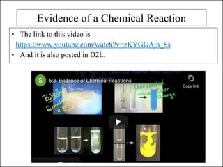 Evidence of a Chemical Reaction
• The link to this video is
https://www.youtube.com/watch?v=zKYGGAjh_Ss
• And it is also posted in D2L.
 