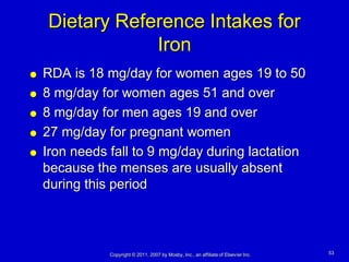 Dietary Reference Intakes for
                Iron
   RDA is 18 mg/day for women ages 19 to 50
   8 mg/day for women ages 51 and over
   8 mg/day for men ages 19 and over
   27 mg/day for pregnant women
   Iron needs fall to 9 mg/day during lactation
    because the menses are usually absent
    during this period



               Copyright © 2011, 2007 by Mosby, Inc., an affiliate of Elsevier Inc.   53
 