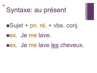 +
    Syntaxe: au présent

    Sujet   + pn. ré. + vbe. conj.
    ex.   Je me lave.
    ex.   Je me lave les cheveux.
 