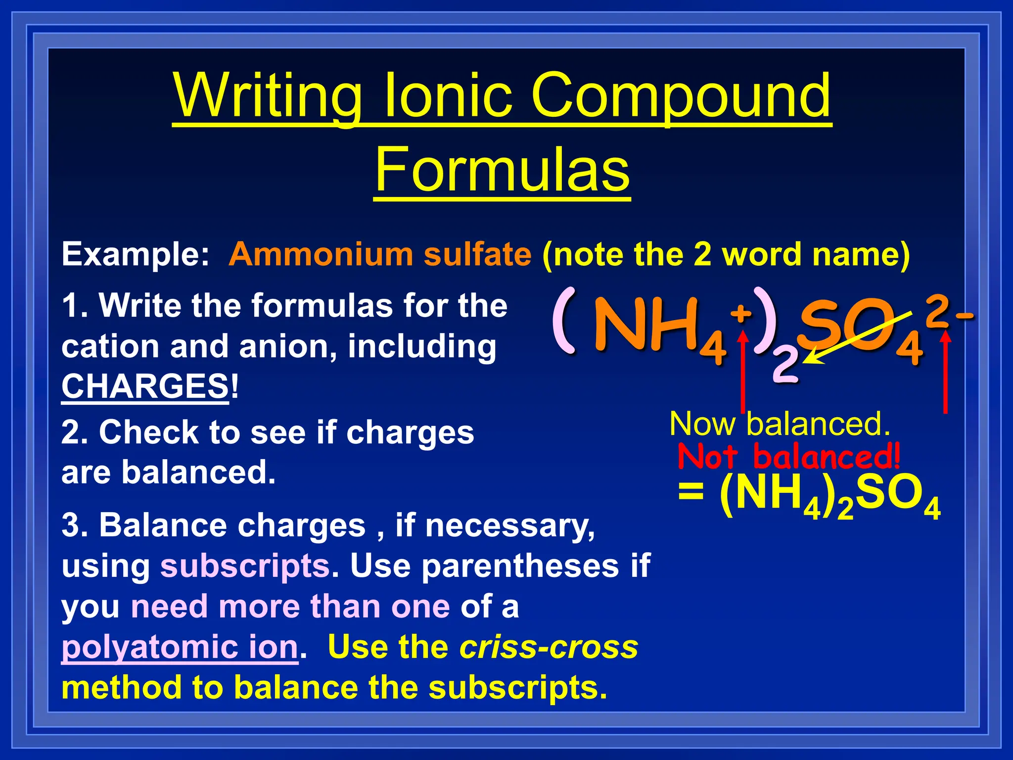 Writing Ionic Compound
Formulas
Example: Ammonium sulfate (note the 2 word name)
1. Write the formulas for the
cation and anion, including
CHARGES!
NH4
+ SO4
2-
2. Check to see if charges
are balanced.
3. Balance charges , if necessary,
using subscripts. Use parentheses if
you need more than one of a
polyatomic ion. Use the criss-cross
method to balance the subscripts.
Not balanced!
( )
2
Now balanced.
= (NH4)2SO4
 