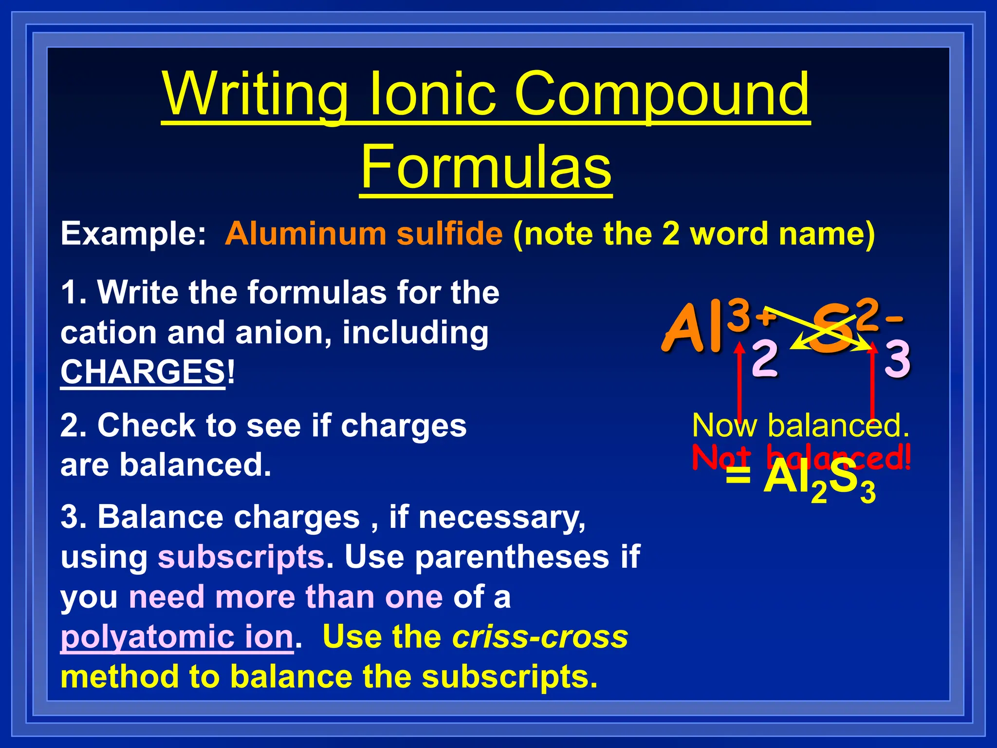 Writing Ionic Compound
Formulas
Example: Aluminum sulfide (note the 2 word name)
1. Write the formulas for the
cation and anion, including
CHARGES!
Al3+ S2-
2. Check to see if charges
are balanced.
3. Balance charges , if necessary,
using subscripts. Use parentheses if
you need more than one of a
polyatomic ion. Use the criss-cross
method to balance the subscripts.
Not balanced!
2 3
Now balanced.
= Al2S3
 