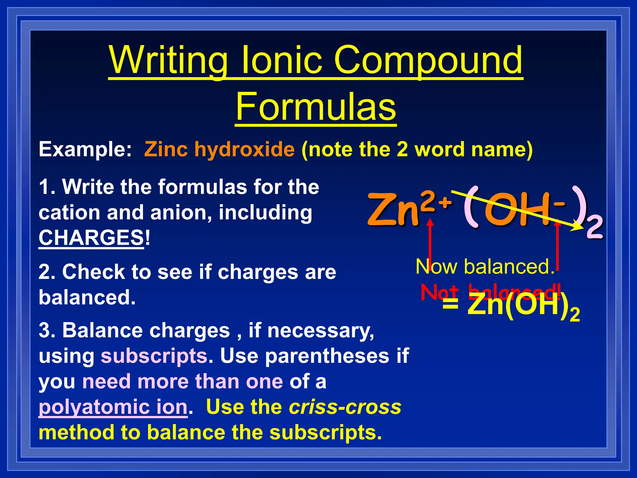 Writing Ionic Compound
Formulas
Example: Zinc hydroxide (note the 2 word name)
1. Write the formulas for the
cation and anion, including
CHARGES!
Zn2+ OH-
2. Check to see if charges are
balanced.
3. Balance charges , if necessary,
using subscripts. Use parentheses if
you need more than one of a
polyatomic ion. Use the criss-cross
method to balance the subscripts.
Not balanced!
( )2
Now balanced.
= Zn(OH)2
 