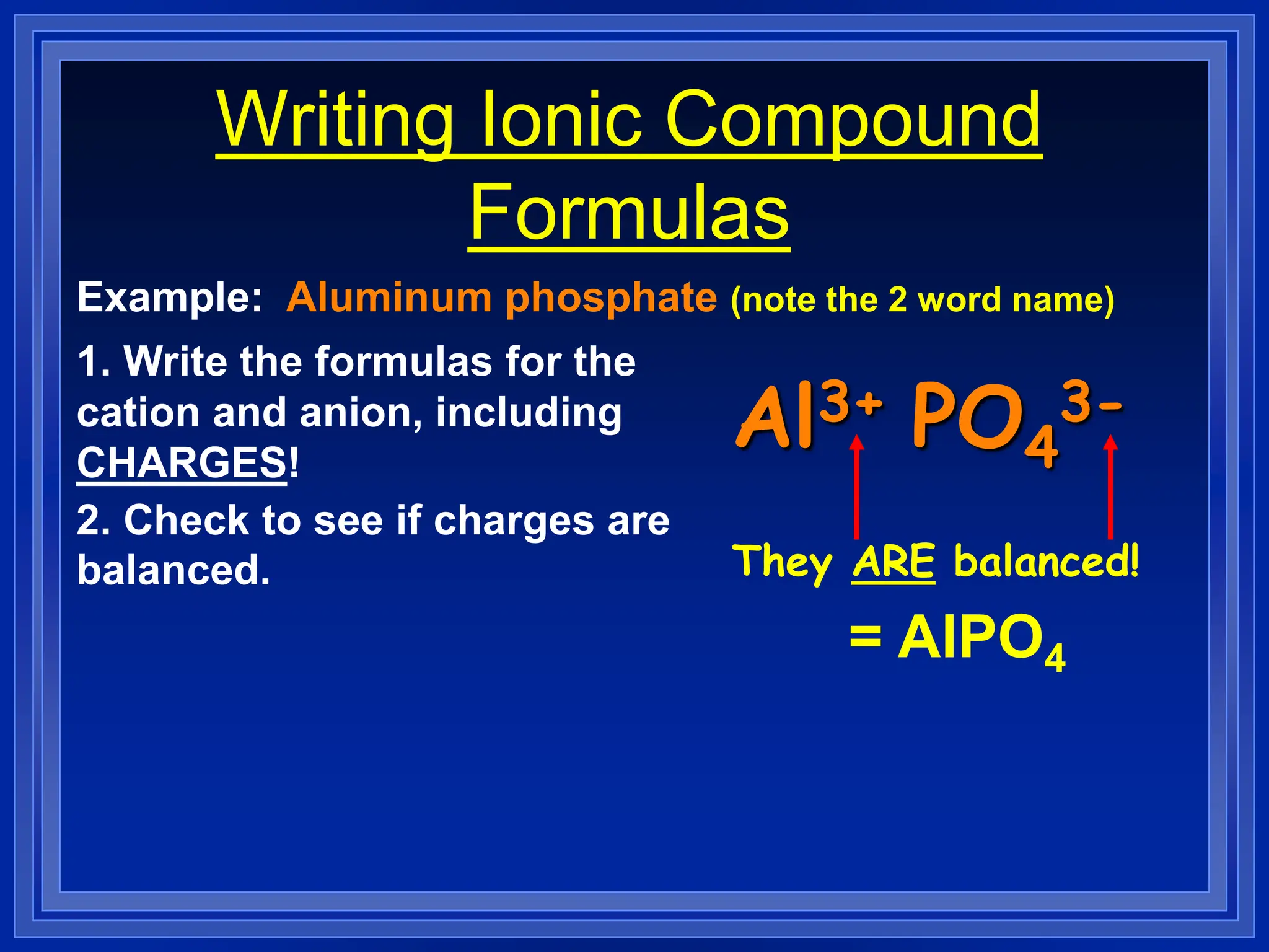 Writing Ionic Compound
Formulas
Example: Aluminum phosphate (note the 2 word name)
1. Write the formulas for the
cation and anion, including
CHARGES!
Al3+ PO4
3-
2. Check to see if charges are
balanced. They ARE balanced!
= AlPO4
 
