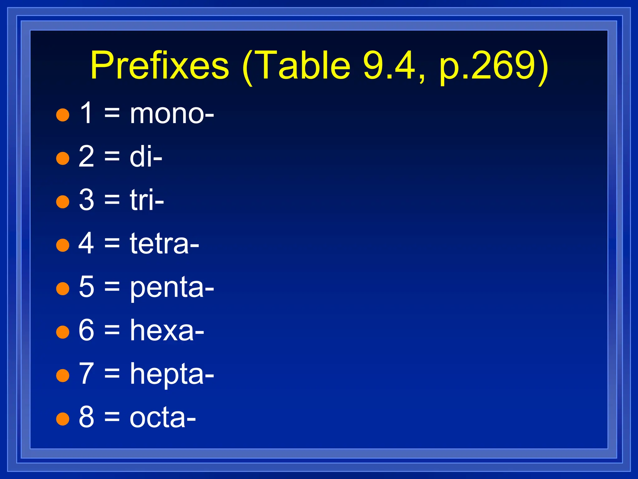 Prefixes (Table 9.4, p.269)
 1 = mono-
 2 = di-
 3 = tri-
 4 = tetra-
 5 = penta-
 6 = hexa-
 7 = hepta-
 8 = octa-
 
