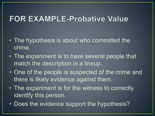 • The hypothesis is about who committed the
crime.
• The experiment is to have several people that
match the description in a lineup.
• One of the people is suspected of the crime and
there is likely evidence against them.
• The experiment is for the witness to correctly
identify this person.
• Does the evidence support the hypothesis?
 
