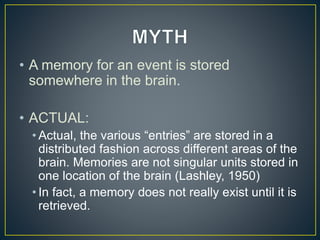 • A memory for an event is stored
somewhere in the brain.
• ACTUAL:
• Actual, the various “entries” are stored in a
distributed fashion across different areas of the
brain. Memories are not singular units stored in
one location of the brain (Lashley, 1950)
• In fact, a memory does not really exist until it is
retrieved.
 