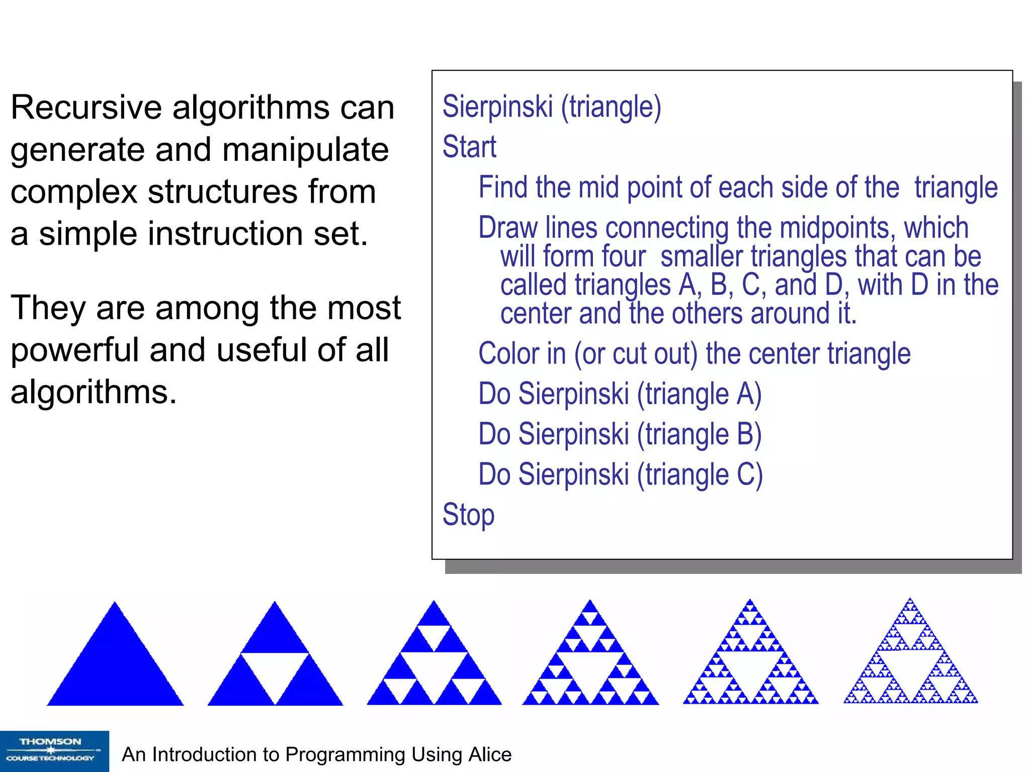Recursive algorithms can generate and manipulate complex structures from a simple instruction set.  They are among the most powerful and useful of all algorithms. Sierpinski (triangle) Start Find the mid point of each side of the  triangle Draw lines connecting the midpoints, which will form four  smaller triangles that can be called triangles A, B, C, and D, with D in the center and the others around it. Color in (or cut out) the center triangle  Do Sierpinski (triangle A) Do Sierpinski (triangle B) Do Sierpinski (triangle C)  Stop 