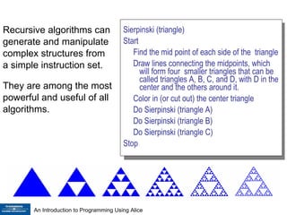 Recursive algorithms can generate and manipulate complex structures from a simple instruction set.  They are among the most powerful and useful of all algorithms. Sierpinski (triangle) Start Find the mid point of each side of the  triangle Draw lines connecting the midpoints, which will form four  smaller triangles that can be called triangles A, B, C, and D, with D in the center and the others around it. Color in (or cut out) the center triangle  Do Sierpinski (triangle A) Do Sierpinski (triangle B) Do Sierpinski (triangle C)  Stop 