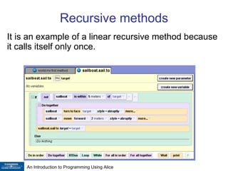 Recursive methods It is an example of a linear recursive method because it calls itself only once. 