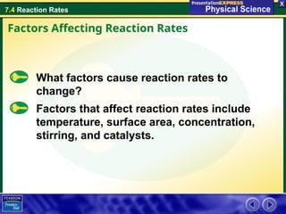 7.4 Reaction Rates
What factors cause reaction rates to
change?
Factors Affecting Reaction Rates
Factors that affect reaction rates include
temperature, surface area, concentration,
stirring, and catalysts.
 