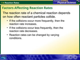 7.4 Reaction Rates
The reaction rate of a chemical reaction depends
on how often reactant particles collide.
• If the collisions occur more frequently, then the
reaction rate increases.
• If the collisions occur less frequently, then the
reaction rate decreases.
• Reaction rates can be changed by varying
conditions.
Factors Affecting Reaction Rates
 