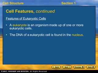 Cell Features,  continued <ul><li>Features of Eukaryotic Cells </li></ul><ul><li>A  eukaryote  is an organism made up of o...