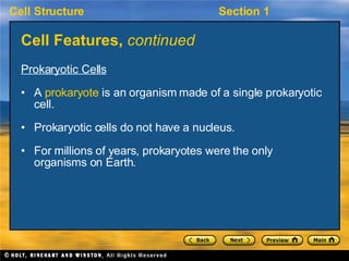 Cell Features,  continued <ul><li>Prokaryotic Cells </li></ul><ul><li>A  prokaryote  is an organism made of a single proka...