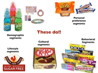 Personal
                           preference
                           segments


              These do!!
Demographic
 segments
                                 Behavioral
               Cultural          Segments
              segments
Lifestyle
segments
 