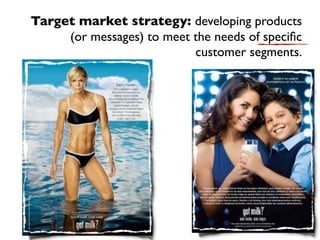Target market strategy: developing products
     (or messages) to meet the needs of speciﬁc
                           customer segments.
 