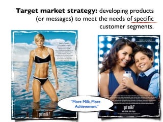 Target market strategy: developing products
     (or messages) to meet the needs of speciﬁc
                           customer segments.




                  “More Milk, More
                    Achievement”
 
