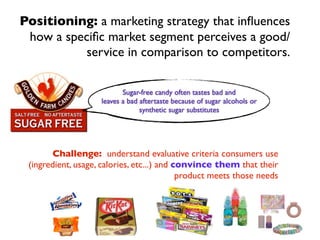 Positioning: a marketing strategy that inﬂuences
 how a speciﬁc market segment perceives a good/
           service in comparison to competitors.

                           Sugar-free candy often tastes bad and
                    leaves a bad aftertaste because of sugar alcohols or
                                 synthetic sugar substitutes




       Challenge: understand evaluative criteria consumers use
 (ingredient, usage, calories, etc...) and convince them that their
                                            product meets those needs
 