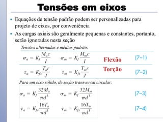 Tensões em eixos
 Equações de tensão padrão podem ser personalizadas para
projeto de eixos, por conveniência
 As cargas axiais são geralmente pequenas e constantes, portanto,
serão ignoradas nesta seção
Tensões alternadas e médias padrão:
Torção
Flexão
Para um eixo sólido, de seção transversal circular:
 