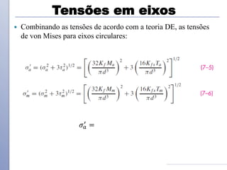Tensões em eixos
 Combinando as tensões de acordo com a teoria DE, as tensões
de von Mises para eixos circulares:
𝜎𝑎
′
=
 