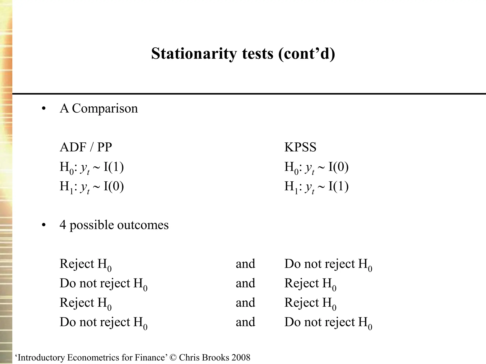 ‘Introductory Econometrics for Finance’ © Chris Brooks 2008
Stationarity tests (cont’d)
• A Comparison
ADF / PP KPSS
H0: yt  I(1) H0: yt  I(0)
H1: yt  I(0) H1: yt  I(1)
• 4 possible outcomes
Reject H0 and Do not reject H0
Do not reject H0 and Reject H0
Reject H0 and Reject H0
Do not reject H0 and Do not reject H0
 