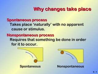Why changes take place

Spontaneous process
 Takes place ‘naturally’ with no apparent
  cause or stimulus.
Nonspontaneous process
 Requires that something be done in order
  for it to occur.




      Spontaneous         Nonspontaneous
                                            6-1
 