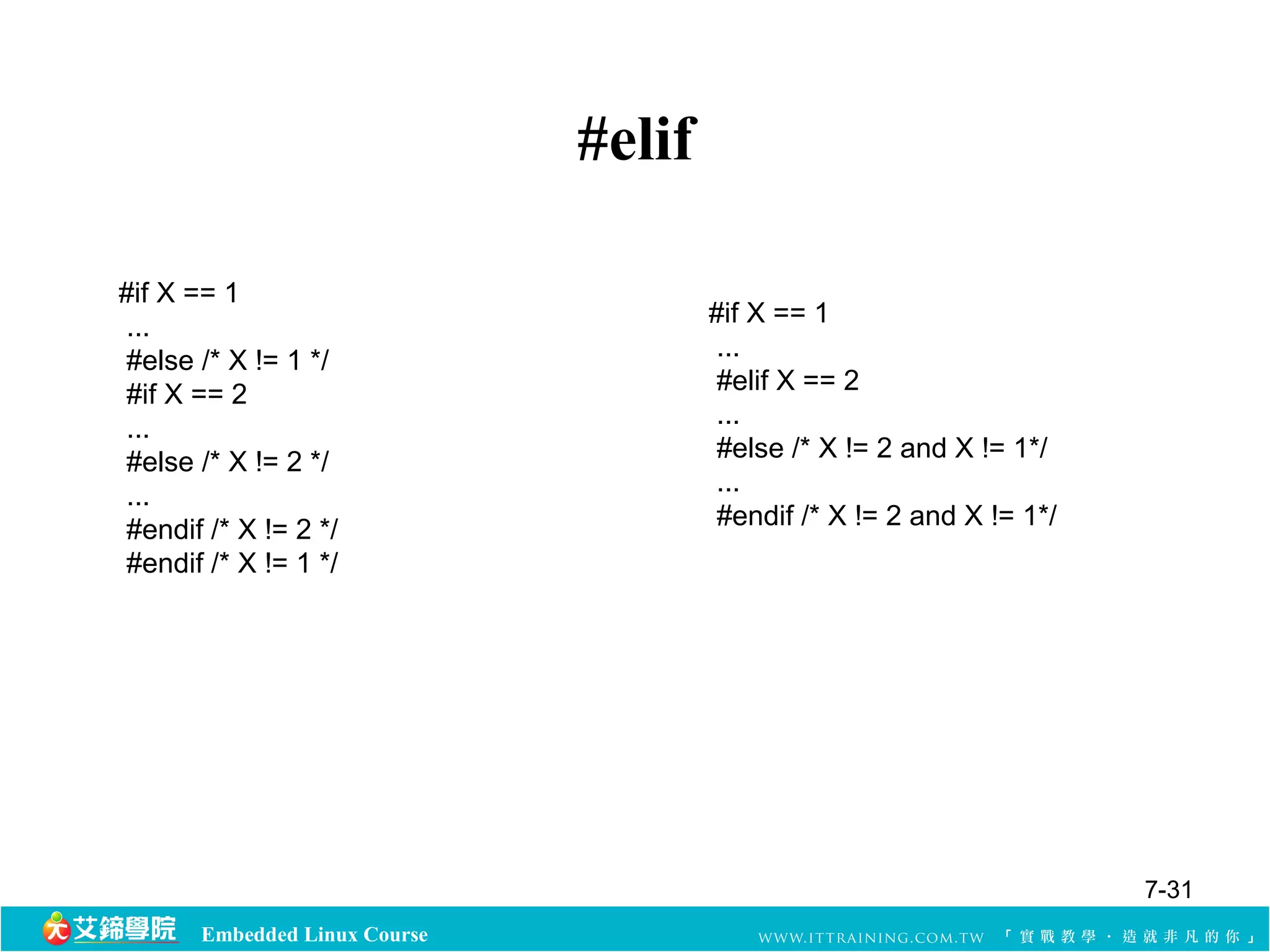 Embedded Linux Course 
#elif 
#if X == 1 
... 
#else /* X != 1 */ 
#if X == 2 
... 
#else /* X != 2 */ 
... 
#endif /* X != 2 */ 
#endif /* X != 1 */ 
#if X == 1 
... 
#elif X == 2 
... 
#else /* X != 2 and X != 1*/ 
... 
#endif /* X != 2 and X != 1*/ 
7-31 
 