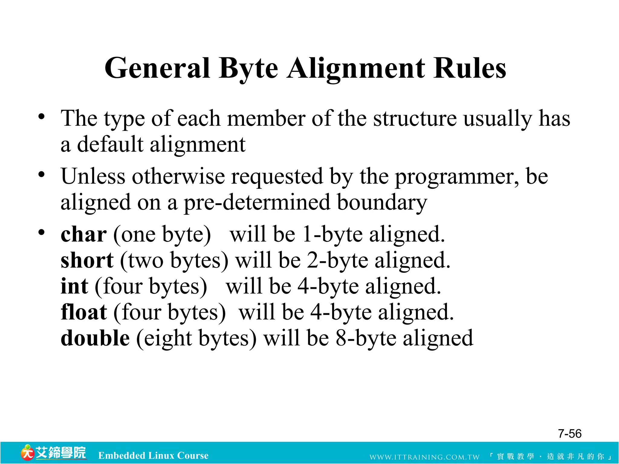 General Byte Alignment Rules 
• The type of each member of the structure usually has 
a default alignment 
• Unless otherwise requested by the programmer, be 
aligned on a pre-determined boundary 
• char (one byte) will be 1-byte aligned. 
short (two bytes) will be 2-byte aligned. 
int (four bytes) will be 4-byte aligned. 
float (four bytes) will be 4-byte aligned. 
double (eight bytes) will be 8-byte aligned 
Embedded Linux Course 
7-56 
 