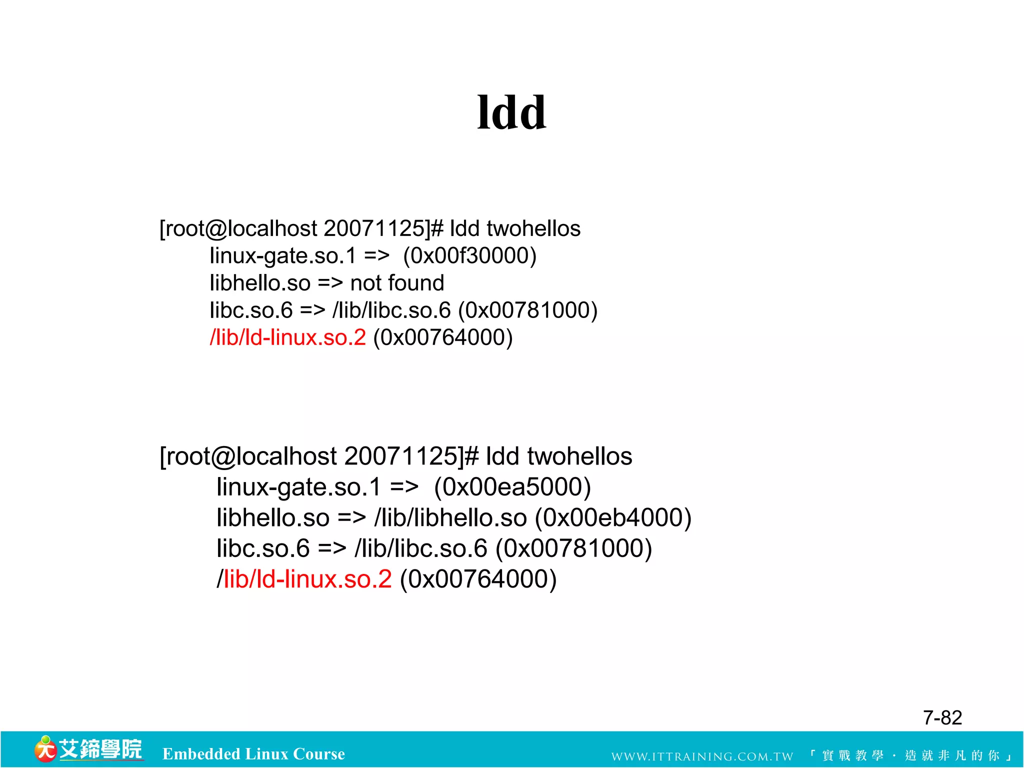 Embedded Linux Course 
ldd 
[root@localhost 20071125]# ldd twohellos 
linux-gate.so.1 => (0x00f30000) 
libhello.so => not found 
libc.so.6 => /lib/libc.so.6 (0x00781000) 
/lib/ld-linux.so.2 (0x00764000) 
[root@localhost 20071125]# ldd twohellos 
linux-gate.so.1 => (0x00ea5000) 
libhello.so => /lib/libhello.so (0x00eb4000) 
libc.so.6 => /lib/libc.so.6 (0x00781000) 
/lib/ld-linux.so.2 (0x00764000) 
7-82 
 