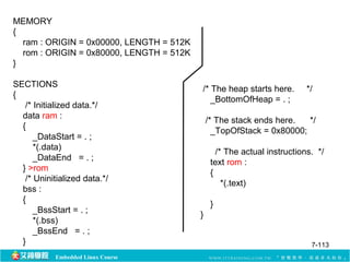 MEMORY 
{ 
ram : ORIGIN = 0x00000, LENGTH = 512K 
rom : ORIGIN = 0x80000, LENGTH = 512K 
} 
SECTIONS 
{ 
/* Initialized data.*/ 
data ram : 
{ 
_DataStart = . ; 
*(.data) 
_DataEnd = . ; 
} >rom 
/* Uninitialized data.*/ 
bss : 
{ 
_BssStart = . ; 
*(.bss) 
_BssEnd = . ; 
} 
Embedded Linux Course 
/* The heap starts here. */ 
_BottomOfHeap = . ; 
/* The stack ends here. */ 
_TopOfStack = 0x80000; 
/* The actual instructions. */ 
text rom : 
{ 
*(.text) 
} 
} 
7-113 
 