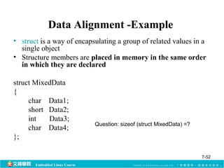 Data Alignment -Example 
• struct is a way of encapsulating a group of related values in a 
single object 
• Structure members are placed in memory in the same order 
in which they are declared 
struct MixedData 
{ 
char Data1; 
short Data2; 
int Data3; 
char Data4; 
Embedded Linux Course 
}; 
Question: sizeof (struct MixedData) =? 
7-52 
 