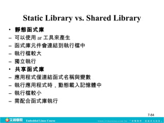 Static Library vs. Shared Library 
• 靜態函式庫 
– 可以使用ar工具來產生 
– 函式庫元件會連結到執行檔中 
– 執行檔較大 
– 獨立執行 
• 共享函式庫 
– 應用程式僅連結函式名稱與變數 
– 執行應用程式時，動態載入記憶體中 
– 執行檔較小 
– 需配合函式庫執行 
Embedded Linux Course 
7-84 
 