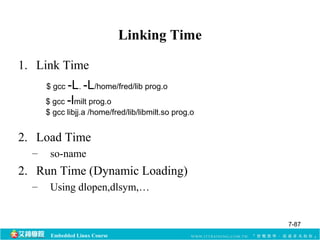 $ gcc -L. -L/home/fred/lib prog.o 
$ gcc -lmilt prog.o 
$ gcc libjj.a /home/fred/lib/libmilt.so prog.o 
Embedded Linux Course 
Linking Time 
1. Link Time 
2. Load Time 
– so-name 
2. Run Time (Dynamic Loading) 
– Using dlopen,dlsym,… 
7-87 
 
