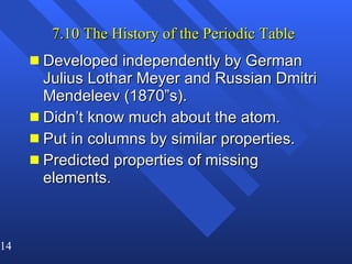 7.10 The History of the Periodic Table   Developed independently by German Julius Lothar Meyer and Russian Dmitri Mendeleev (1870”s). Didn’t know much about the atom. Put in columns by similar properties. Predicted properties of missing elements. 
