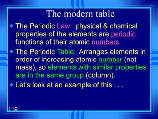 The modern table The Periodic  Law :  physical & chemical properties of the elements are  periodic  functions of their atomic  numbers . The Periodic  Table :  Arranges elements in order of increasing atomic  number  (not mass), so  elements with similar properties are in the same group  (column). Let’s look at an example of this . . . 
