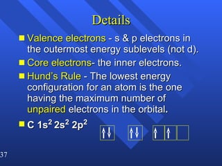 Details Valence electrons  - s & p electrons in the outermost energy sublevels (not d). Core electrons - the inner electrons. Hund’s Rule  - The lowest energy configuration for an atom is the one having the maximum number of  unpaired  electrons in the orbital . C 1s 2  2s 2  2p 2   