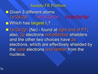 Sample FR Problem Given 3 different atoms   1s 2 2s 2 2p 6 1s 2 2s 2 2p 6 3s 1 1s 2 2s 2 2p 6 3s 2 Which has  largest  I 1 ? . . . 1s 2 2s 2 2p 6  (Ne) - found at  right end of PT ; also,  2p  electrons  not effective  shielders and the other two choices have  3s  electrons, which are effectively shielded by the  core  electrons  and farther  from the nucleus. 
