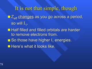 It is not that simple, though Z eff   changes  as you go across a period, so will  I 1 .   Half filled and filled orbitals are harder to remove electrons from. So those have higher I 1  energies. Here’s what it looks like. 