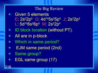 The Big Review Given 5 elements E : 2s 2 2p 5   G : 4d 10 5s 2 5p 5   J : 2s 2 2p 2   L : 5d 10 6s 2 6p 5   M:  2s 2 2p 4   ID block location  (without PT) . All are in p-block Which in same period? EJM same period (2nd) Same group? EGL same group (17) 